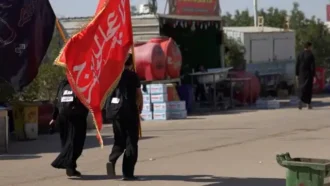 زواری که در حال پیاده روی از نجف به کربلا هستند