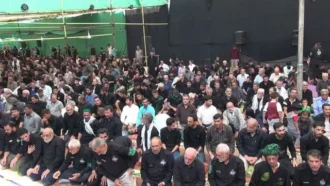 نماز جماعت زوار در پیاده روی اربعین